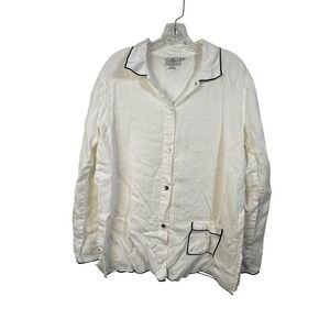 Hot Cotton by Marc Ware White 100% Linen Button Down Shirt Black Piping Size M